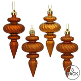 4 Inch 4-Finish Finial Ornament, Shatterproof Plastic Christmas Tree Decoration, 8 Pack, Burnished Orange Shiny, Matte, Glitter and Sequin Finishes